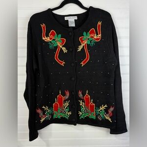 Vintage Victoria Jones black holiday Christmas ramie cotton blend cardigan Small